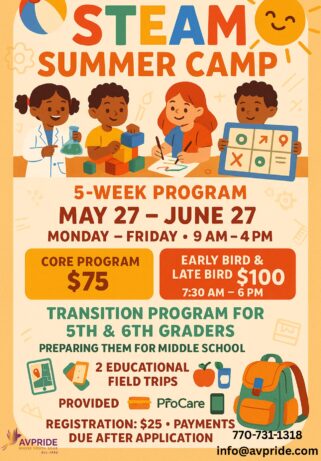 Flyer for AVPRIDE’s 2025 STEAM Summer Camp featuring dates, weekly rates, extended care options, and a middle school transition program for 5th and 6th graders.